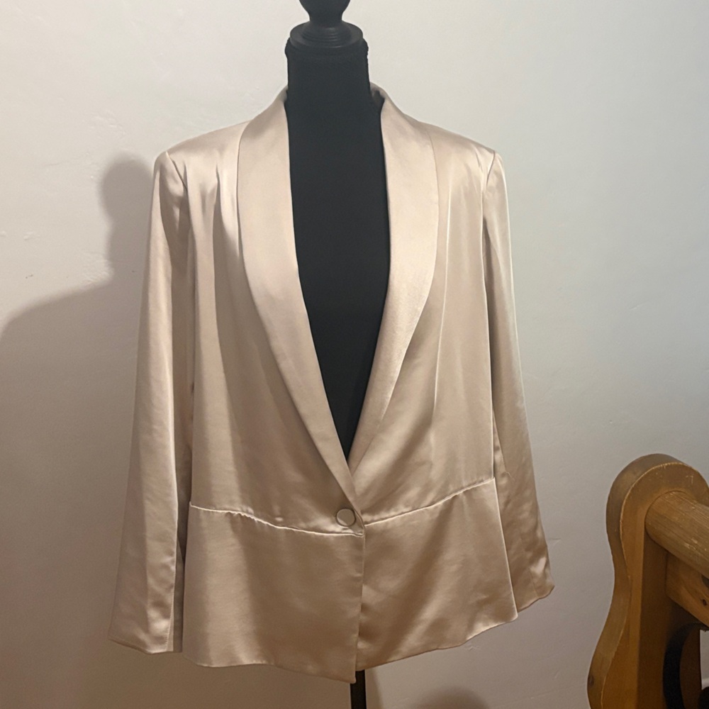 DREW Silk-Look Satin Open-Front Blazer in Light Cream